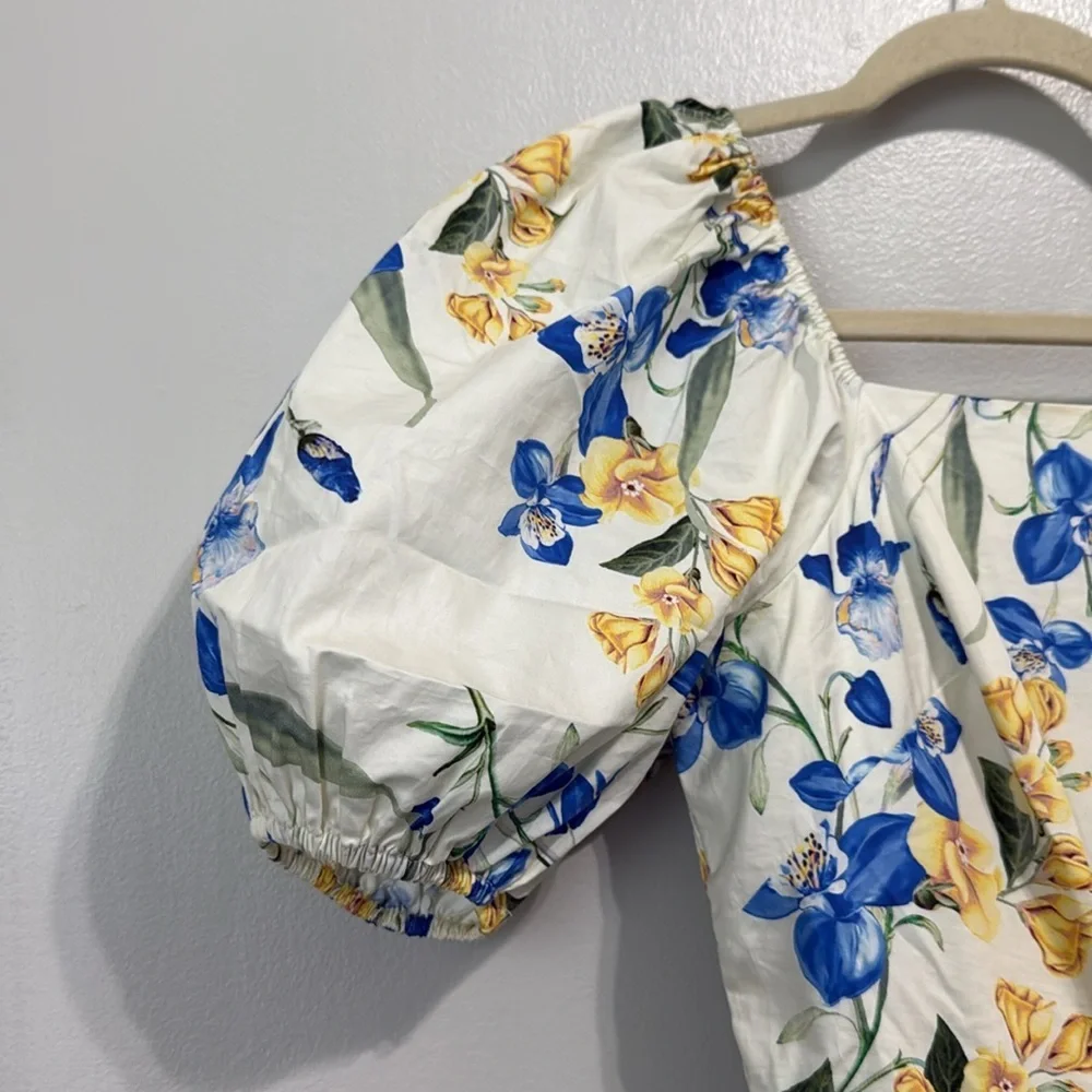 Floral Puff-Sleeve Maxi Dress - White with Blue & Yellow Blooms - Picture 3 of 9